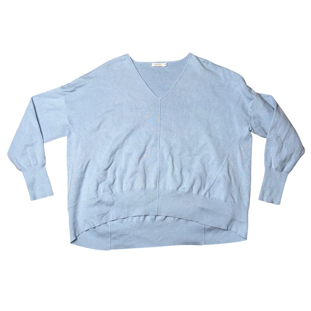Mersea V-Neck Sweater Womens OS Light Blue Good Oversized High Low Hem Knit